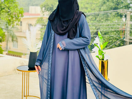 Grey-Blue Embroidered Abaya with Black Niqab | Modest Islamic Wear by Libaas e Haya