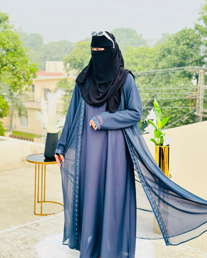 Grey-Blue Embroidered Abaya with Black Niqab | Modest Islamic Wear by Libaas e Haya - Image 1