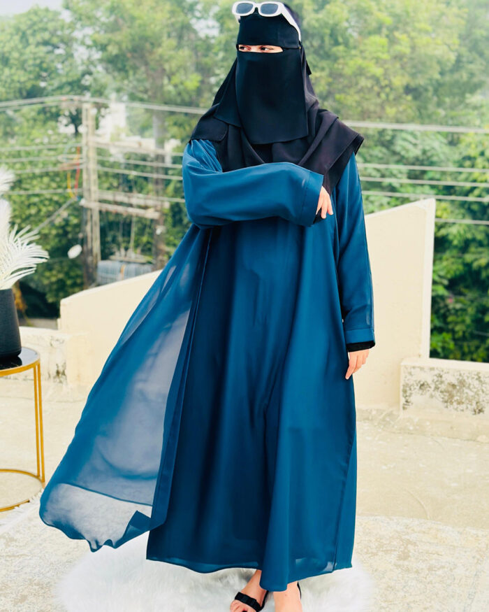 Teal Blue Abaya with Black Niqab | Elegant Modest Fashion by Libaas e Haya - Image 1
