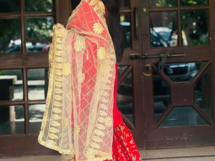 red muticolour Sharaara with Golden embroidery Duptta