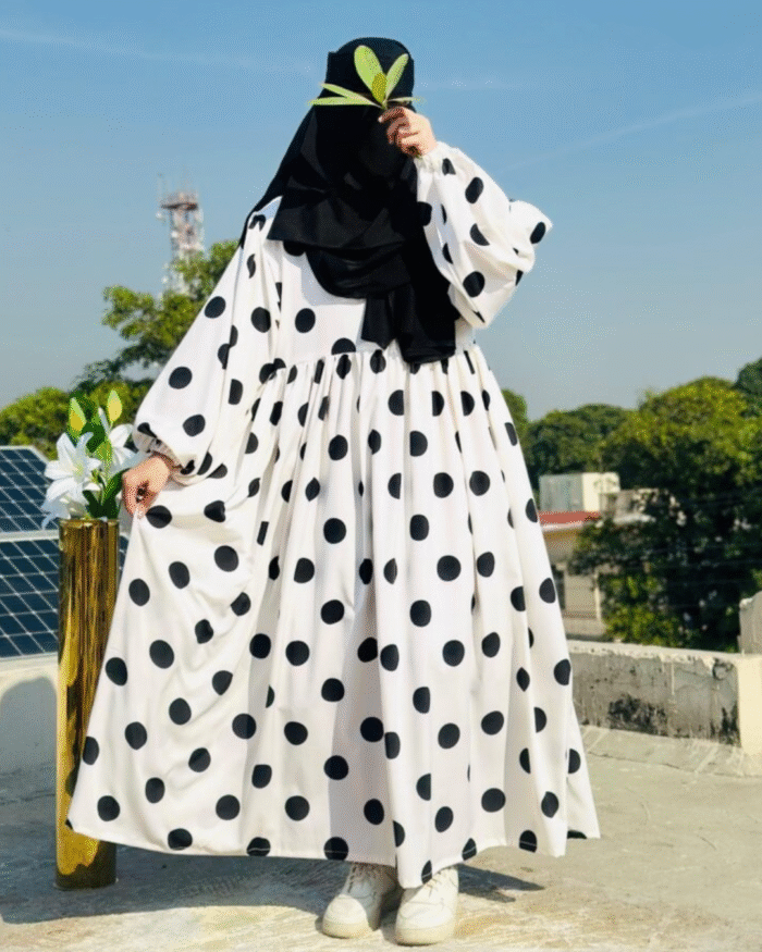 Elegant Black & White Polka Dot Dress - Nida Fabric | Stylish & Comfortable - Image 1