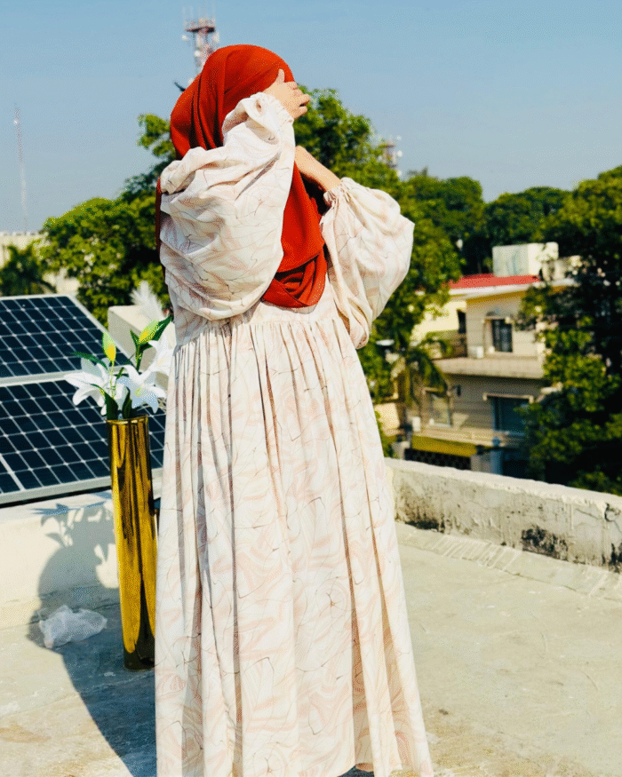 Cream & Pink Leaf Pattern Abaya | Elegant Modest Wear by Libaas-e-Haya - Image 1