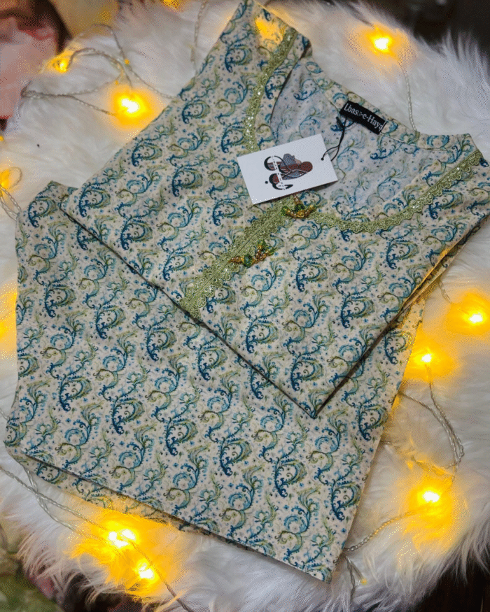Light Pastel Green with Blue Paisley Print - Image 1