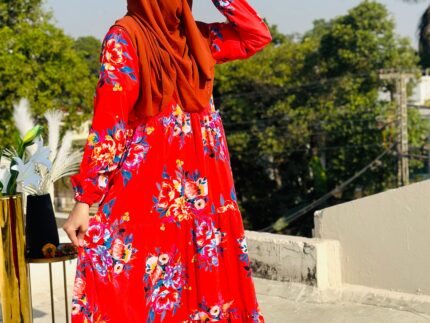 Deep Red Floral Abaya | Modest & Stylish Collection by Libaas-e-Haya