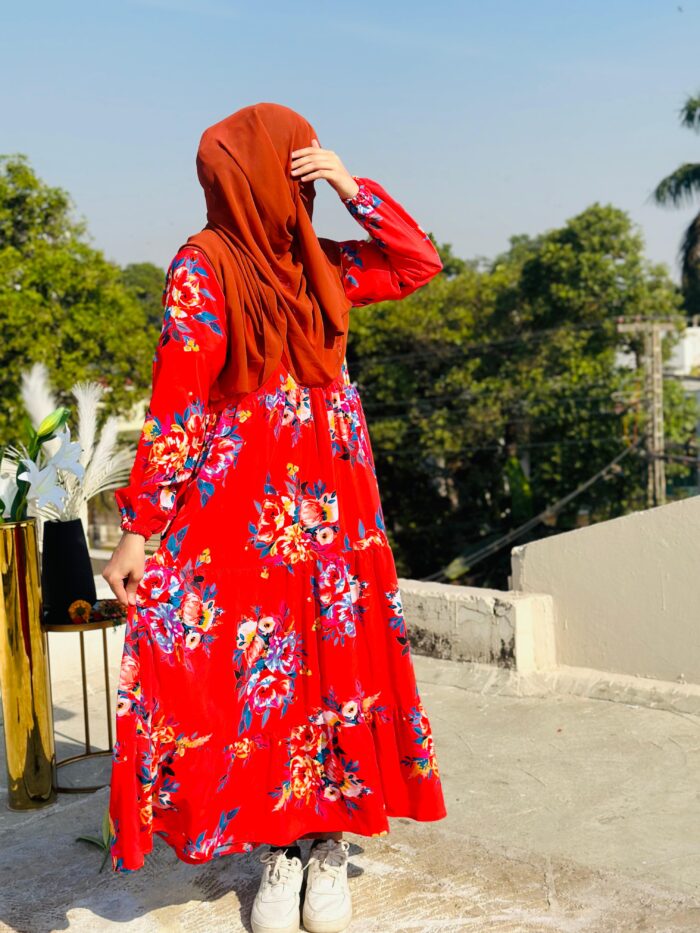 Deep Red Floral Abaya | Modest & Stylish Collection by Libaas-e-Haya - Image 1