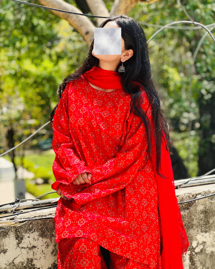 Bright Red Dress with White Print | Traditional Casual Wear by Libas e Haya - Image 1