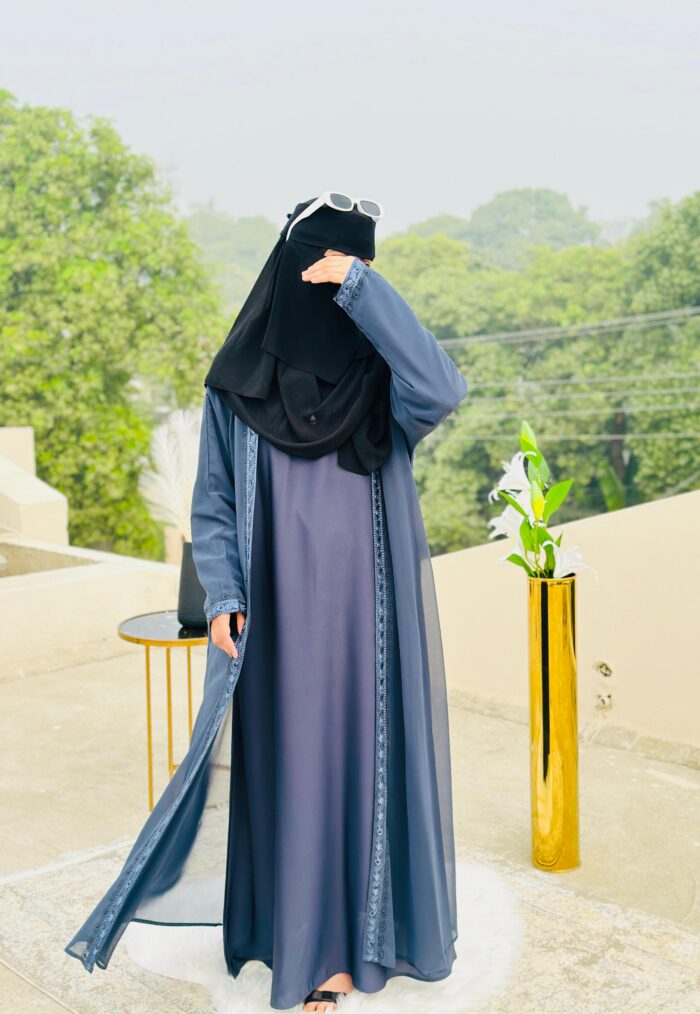 Grey-Blue Embroidered Abaya with Black Niqab | Modest Islamic Wear by Libaas e Haya - Image 2