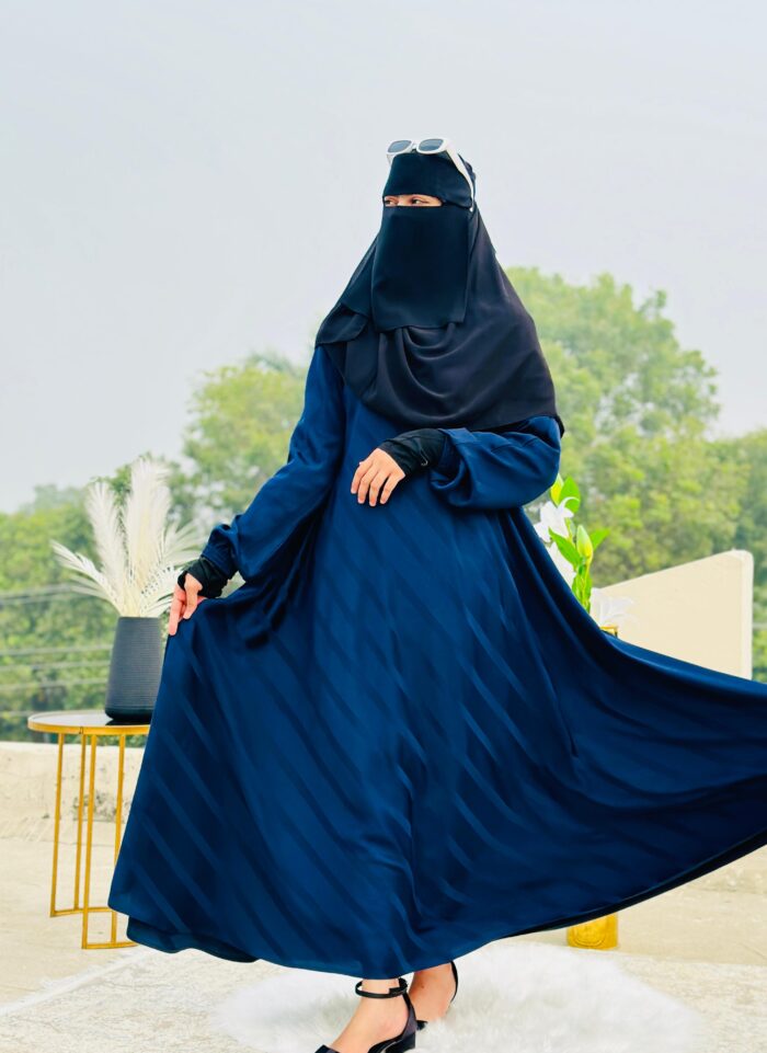 Navy Blue Abaya frok with Striped Texture | Elegant Modest Wear by Libas e Haya - Image 3