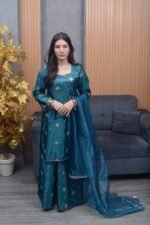 Teal Blue Katan Silk Embroidered Shalwar Kameez with Organza Dupatta