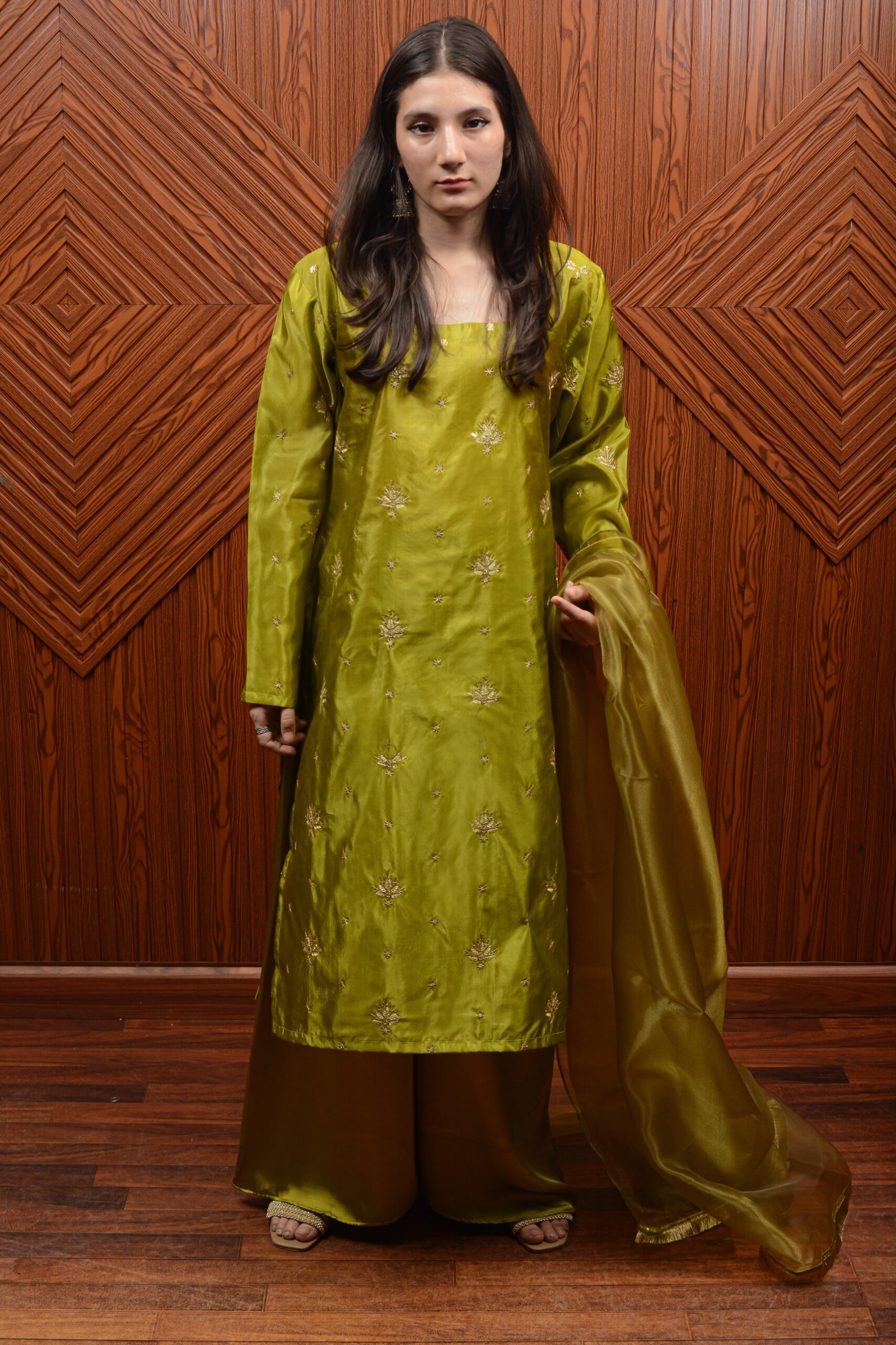 1-10-scaled-1.jpg Elegant Green Katan Silk Tunic with Embroidered Detailing – Perfect for Special Occasions - Image 1