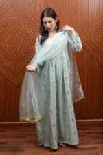 Embroidered Mint Green Silk Dress with Sheer Dupatta