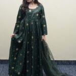 Green Katan Silk Embroidered Maxi Dress with Organza Dupatta
