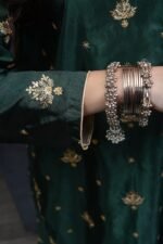 Elegant Green Katan Silk Embroidered Maxi Dress with Dupatta - Image 2