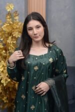 Elegant Green Katan Silk Embroidered Maxi Dress with Dupatta - Image 3