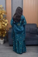 Teal Blue Katan Silk Embroidered Shalwar Kameez with Organza Dupatta - Image 4