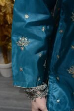Teal Blue Katan Silk Embroidered Shalwar Kameez with Organza Dupatta - Image 5