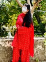 Bright Red Dress with White Print | Traditional Casual Wear by Libas e Haya - Image 2