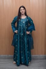 Teal Blue Katan Silk Embroidered Maxi Dress with Organza Dupatta