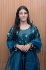 Teal Blue Katan Silk Embroidered Maxi Dress with Organza Dupatta - Image 3