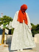 Printed Wide Sleeve Abaya in Soft Beige | Modest Fashion by Libaas e Haya - Image 2