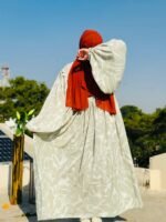 Printed Wide Sleeve Abaya in Soft Beige | Modest Fashion by Libaas e Haya - Image 3