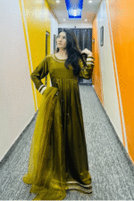 Olive Green Silk Maxi Dress with Dupatta – Elegant Festive Wear | Libaas-e-Haya