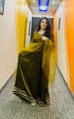 Olive Green Silk Maxi Dress with Dupatta – Elegant Festive Wear | Libaas-e-Haya - Image 3