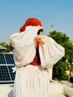 Cream & Pink Leaf Pattern Abaya | Elegant Modest Wear by Libaas-e-Haya - Image 2