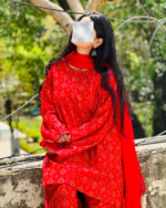 Bright Red Dress with White Print | Traditional Casual Wear by Libas e Haya