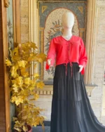 Red Tie-Front Top Black Maxi Skirt Set