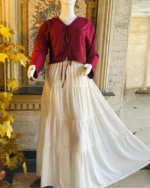 Maroon Tie-Front Top Cream Maxi Skirt Set - Image 3