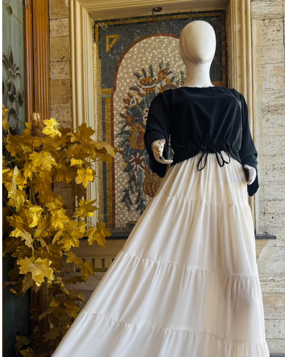 Untitled design - 2026-03-09T192110.382 Black Drawstring Top Cream Maxi Skirt Set - Image 1