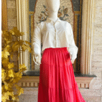 White Button Shirt Red Maxi Skirt Set
