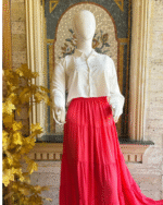 White Button Shirt Red Maxi Skirt Set