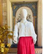 White Button Shirt Red Maxi Skirt Set - Image 2