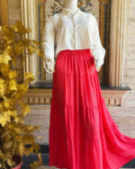 White Button Shirt Red Maxi Skirt Set - Image 3