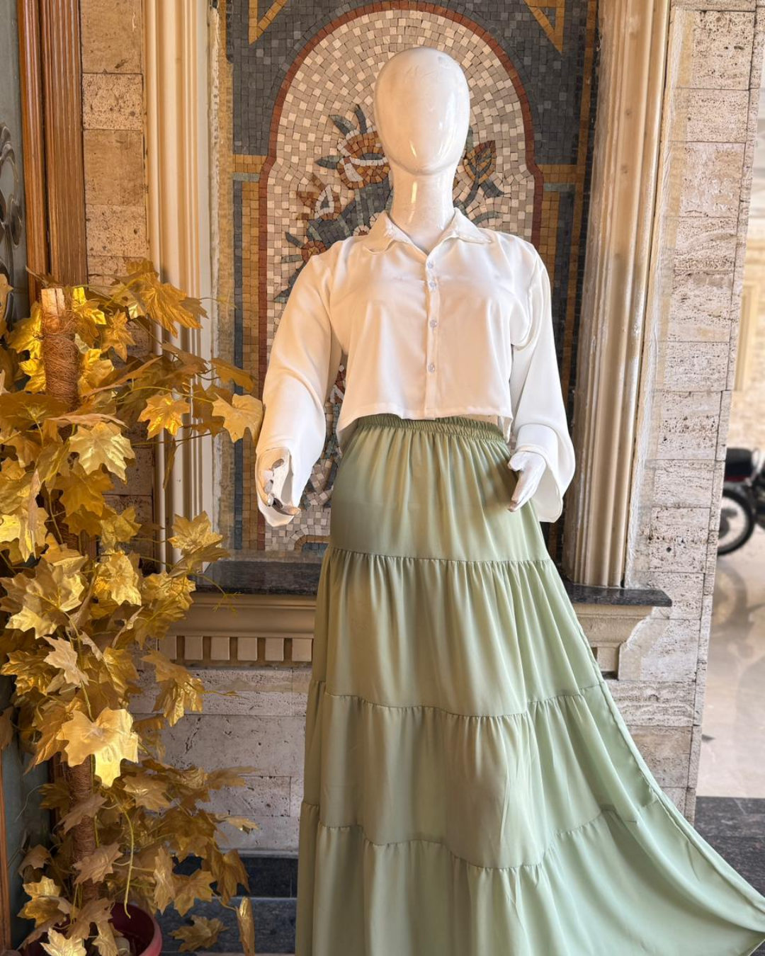 Untitled design - 2026-03-10T154705.695 White Button Shirt Sage Green Maxi Skirt Set - Image 1