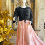 Black Drawstring Top Peach Maxi Skirt Set
