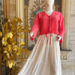 Red Tie-Front Top Ivory Maxi Skirt Set