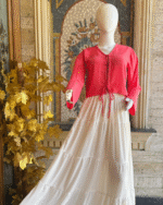 Red Tie-Front Top Ivory Maxi Skirt Set