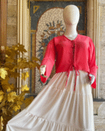 Red Tie-Front Top Ivory Maxi Skirt Set - Image 3