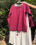 Maroon Drawstring Top Cream Maxi Skirt Set